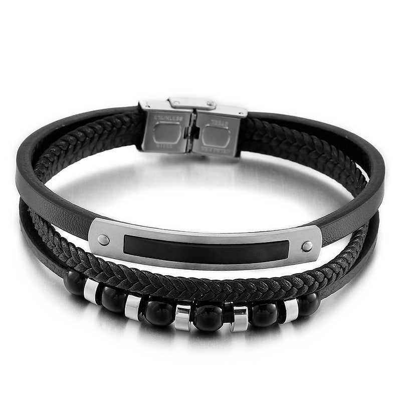 Mehrlagiges geflochtenes Lederarmband mit Edelstahl & geometrischen Perlen – Handgefertigter Unikatschmuck