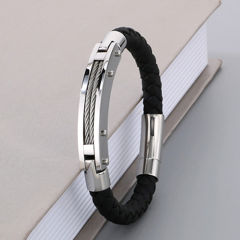 Modisches Herren-Armband aus Edelstahl & geflochtenem Leder - Mit Fiber- oder Stahldraht-Einlagen