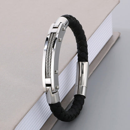 Modisches Herren-Armband aus Edelstahl & geflochtenem Leder - Mit Fiber- oder Stahldraht-Einlagen