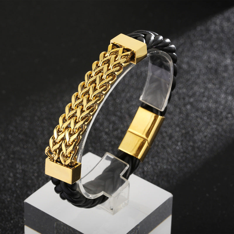 Doppelreihiges Leder-Armband mit Titanstahl-Kette – Magnetverschluss für Herren