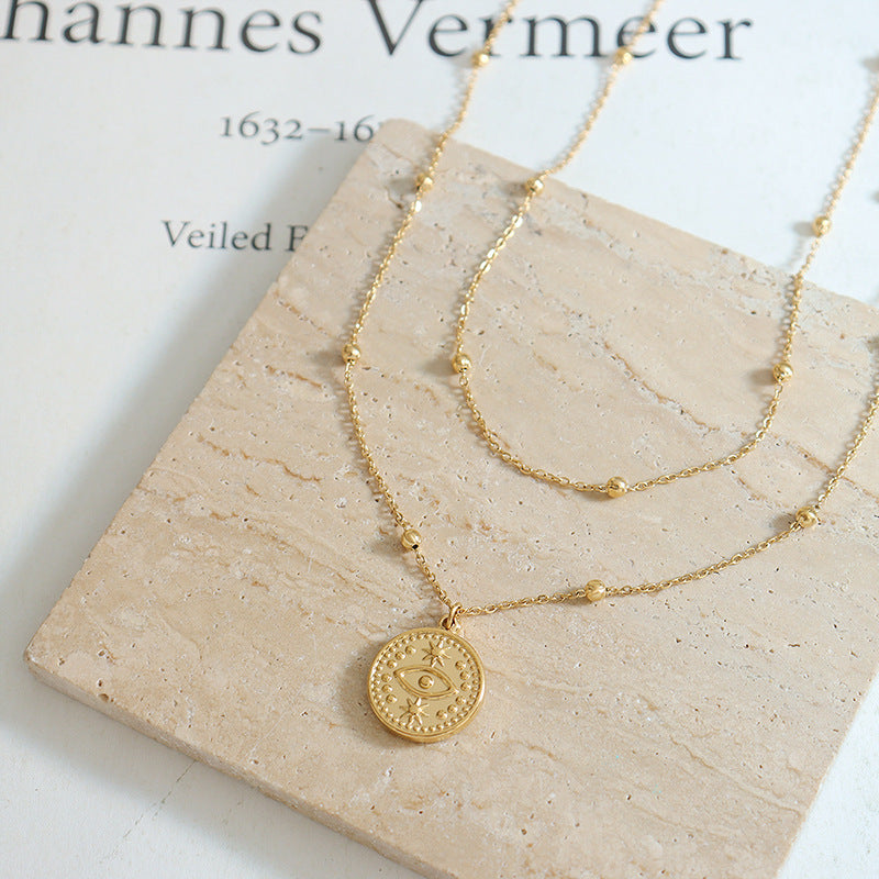 Französischer Vintage-Augen-Anhänger – Doppelschichtige Halskette in Gold oder Silber