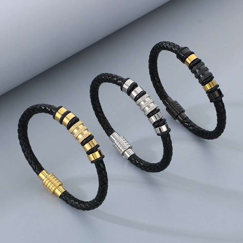 Ledergeflecht-Armband für Herren mit Edelstahl-Magnetverschluss