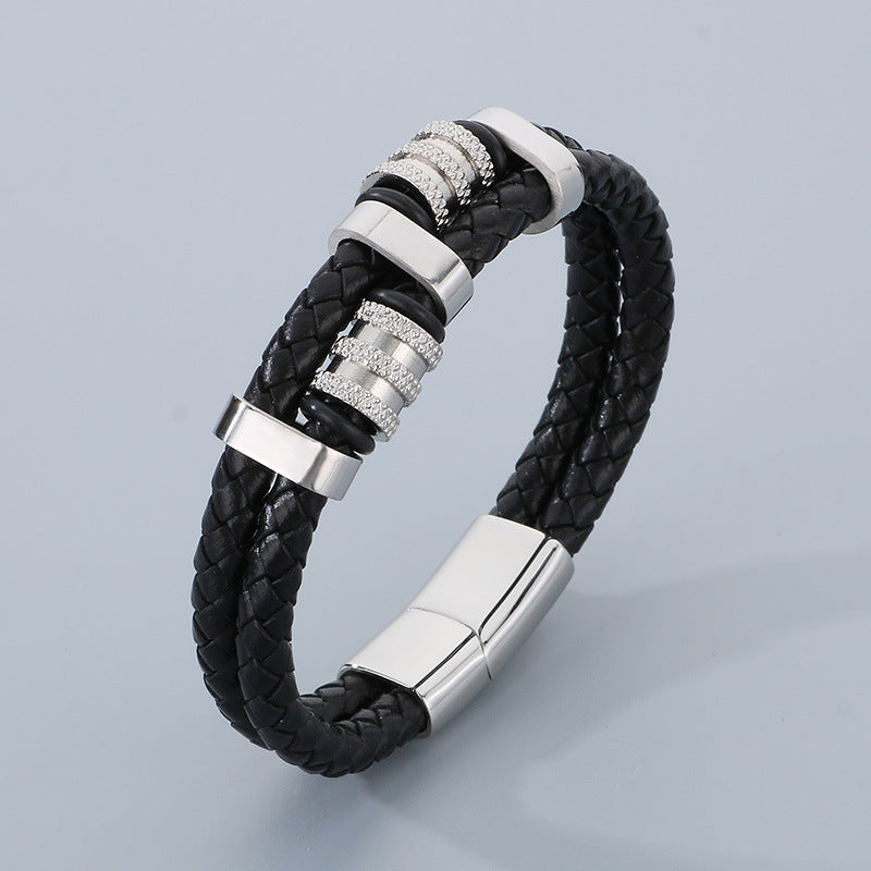 Mehrlagiges Ledergeflecht-Armband aus Edelstahl – Retro-Punk-Design mit Magnetverschluss