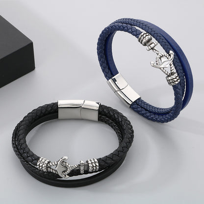 Maritimes Lederarmband mit Anker-Charm aus Edelstahl – Mehrlagig handgeflochten
