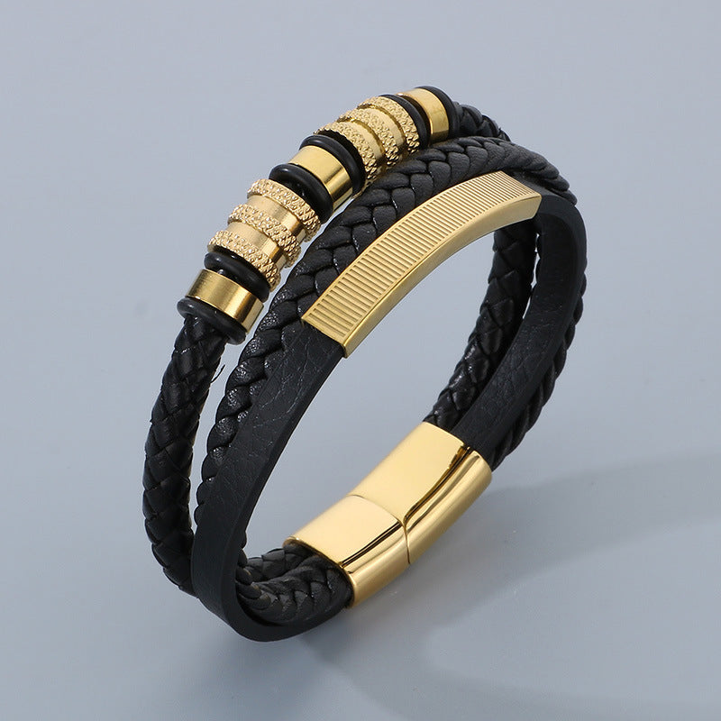 Herren-Armband aus Titanstahl - Mehrlagiges Ledergeflecht mit gebogenem Edelstahlblech und Magnetverschluss