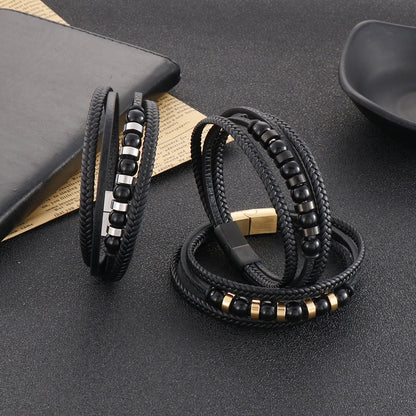 Mehrlagiges schwarzes Lederarmband mit Edelstahl-Akzenten – Handgeflochtener Unikatschmuck