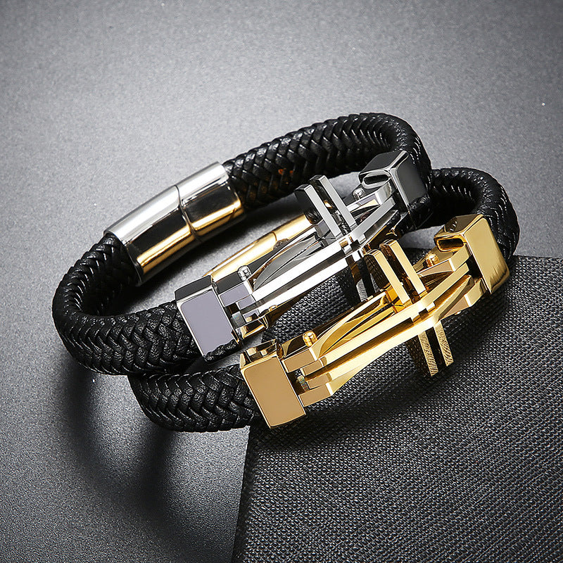 Herren Armband aus Edelstahl mit Kreuz-Anhänger & Lederflechtung | Hypoallergen