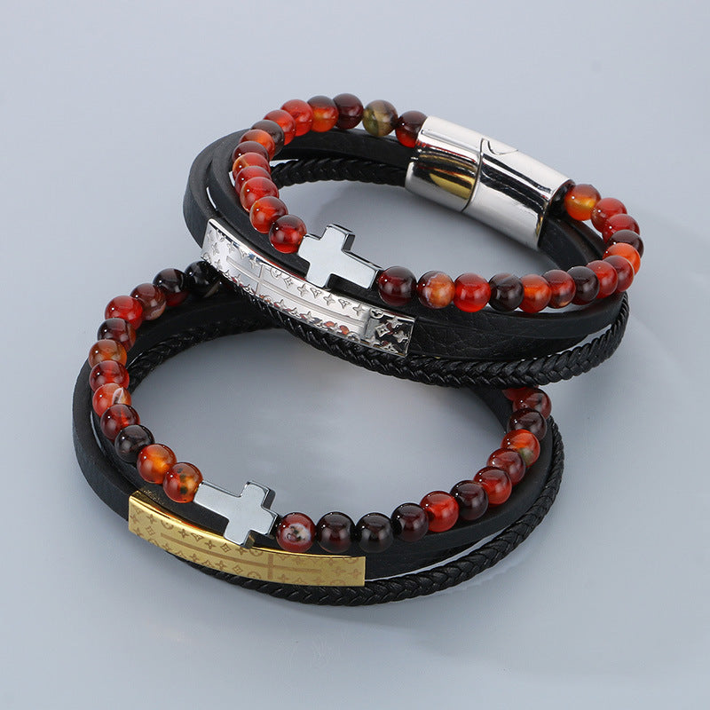 Vintage Lederarmband für Herren mit Titanstahl-Kreuz & Achatperlen – Mehrlagig geflochten