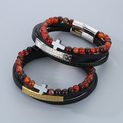 Vintage Lederarmband für Herren mit Titanstahl-Kreuz & Achatperlen – Mehrlagig geflochten