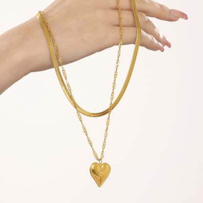 Wellenförmige Klingenkette mit Herz-Anhänger | Doppelschichtige Edelstahlkette in 18K Gold oder Hochglanz-Silberoptik