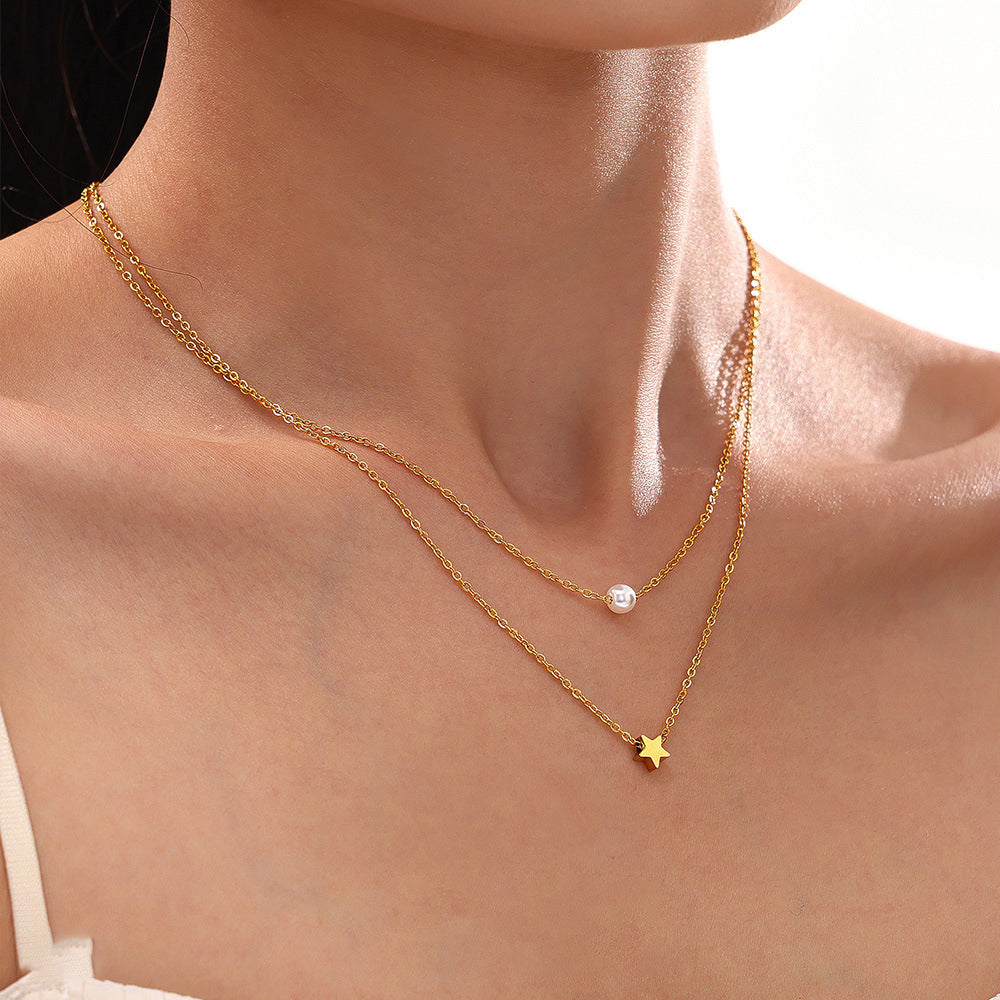 Sternen-Doppelkette mit Perlenimitat – 18K vergoldeter Edelstahl oder Silberoptik für stylisches Layering