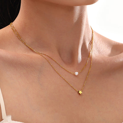 Sternen-Doppelkette mit Perlenimitat – 18K vergoldeter Edelstahl oder Silberoptik für stylisches Layering