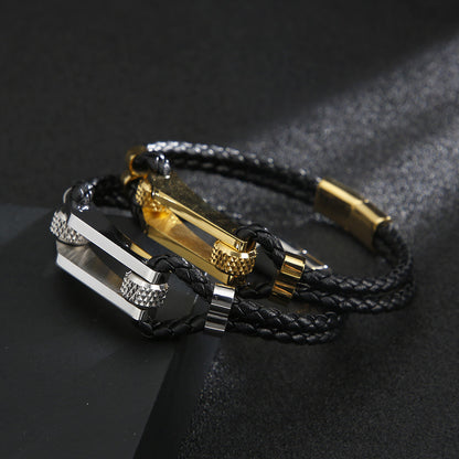 Edelstahl-Armband mit doppeltem Ledergeflecht – Titanstahl-Akzente für urbanen Style