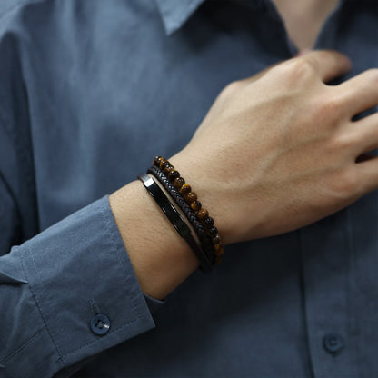 Geflochtenes Lederarmband mit Tigerauge für Männer – Mehrlagiges Design