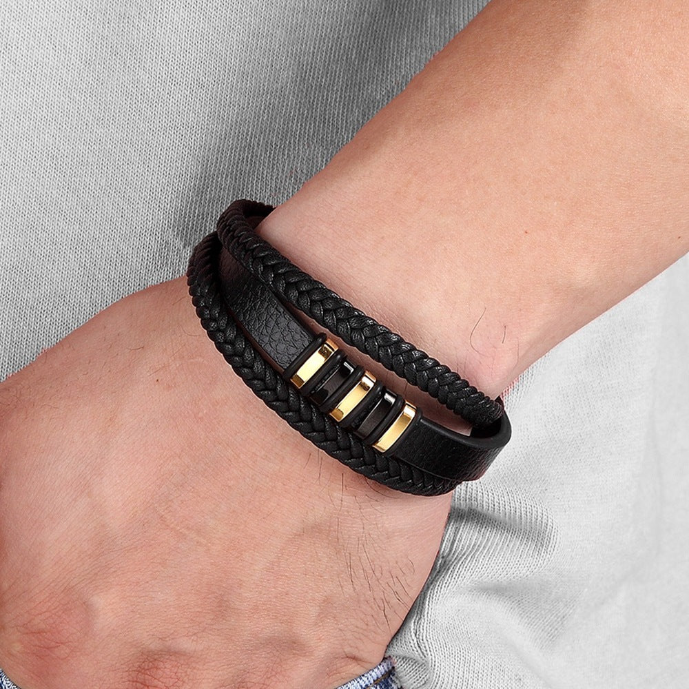 Mehrreihiges Lederarmband mit Edelstahl - Handgefertigter Herrenschmuck - Rustikales Unisex-Design