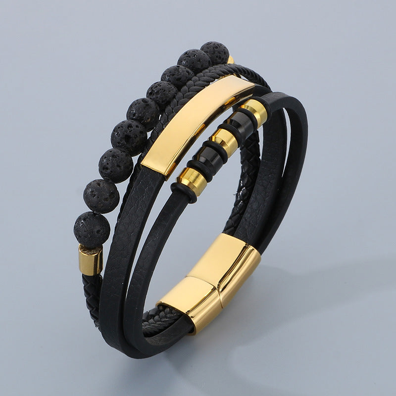 Vintage Lederarmband für Herren mit Vulkanstein & Magnetplatte – Mehrlagige Mikrofaser-Flechtung