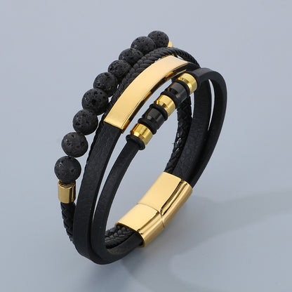 Vintage Lederarmband für Herren mit Vulkanstein & Magnetplatte – Mehrlagige Mikrofaser-Flechtung