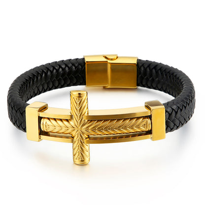 Herren Armband aus geflochtenem Leder mit Edelstahl-Kreuz – Robustes Männer-Armband