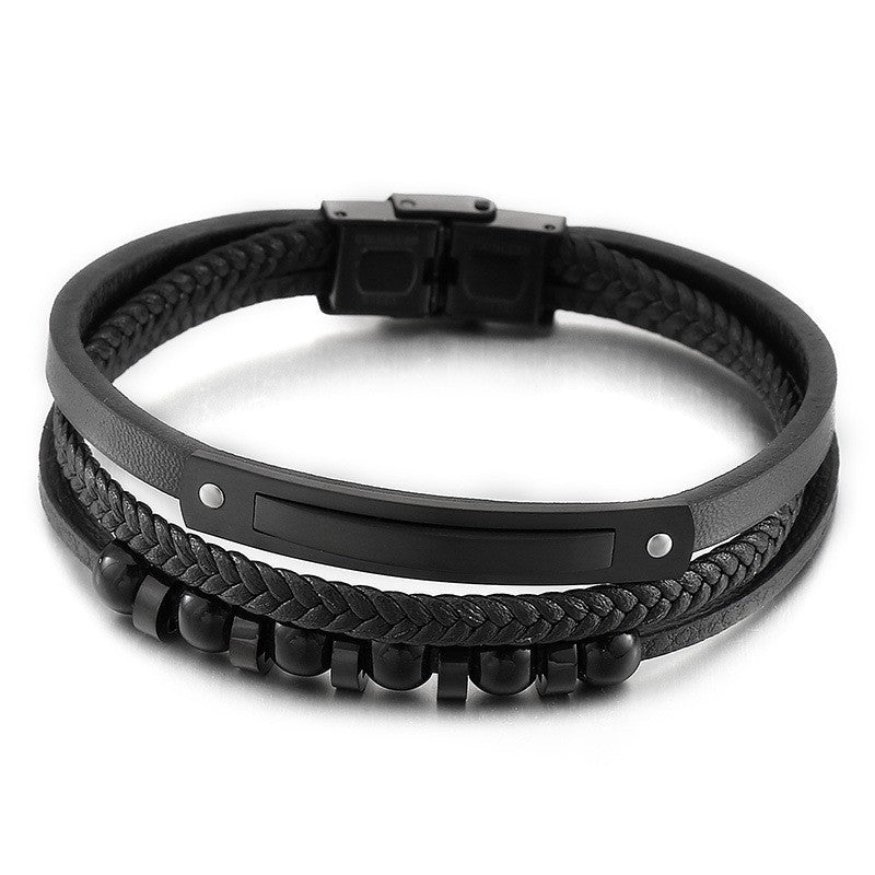 Mehrlagiges geflochtenes Lederarmband mit Edelstahl & geometrischen Perlen – Handgefertigter Unikatschmuck