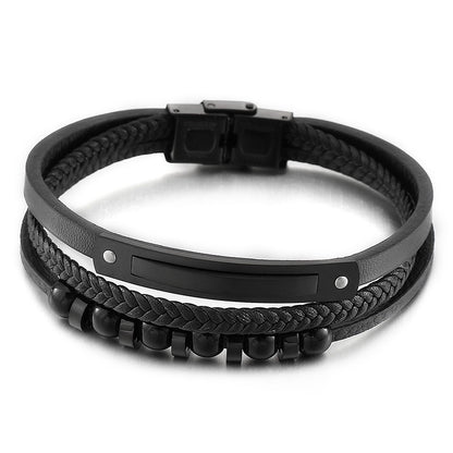 Mehrlagiges geflochtenes Lederarmband mit Edelstahl & geometrischen Perlen – Handgefertigter Unikatschmuck