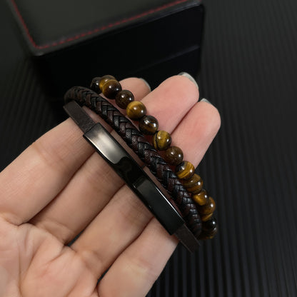 Geflochtenes Lederarmband mit Tigerauge für Männer – Mehrlagiges Design