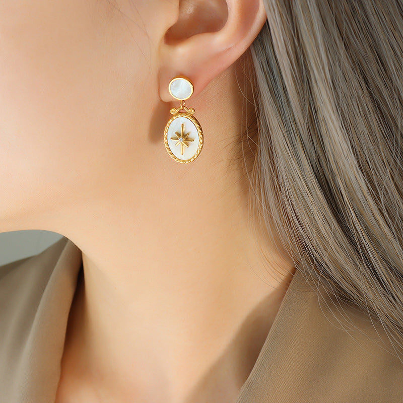 Weißes Muschel-Stern-Anhänger Set mit Zirkonia | Edelstahl Schmuck in 18K Gold oder Hochglanz-Silber - Inklusive Ohrstecker