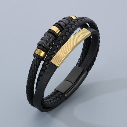 Herren-Armband aus Titanstahl - Mehrlagiges Ledergeflecht mit gebogenem Edelstahlblech und Magnetverschluss