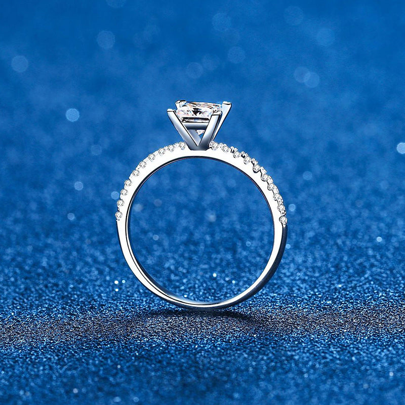 Prinzessin-Schliff Zirkonia Ring mit Pavé-Fassung | 1ct Hauptstein in S925 Sterlingsilber mit Rhodium-Plattierung
