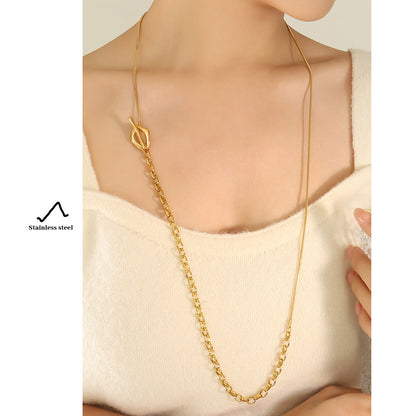 OT-Verschluss Halskette mit verstellbarer Länge | Titanstahl 18k Gold oder Stahlfarben | Trendiger Pulloverketten-Schmuck | Elegante Layering-Kette für Frauen