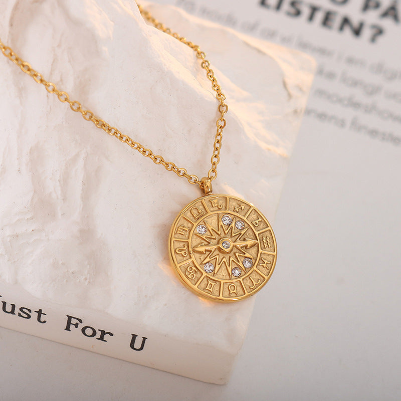 Retro-Medaille-Anhänger mit Zirkonia & Relief-Zifferblatt – Edelstahlkette in Gold oder Silber