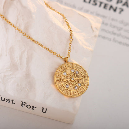 Retro-Medaille-Anhänger mit Zirkonia & Relief-Zifferblatt – Edelstahlkette in Gold oder Silber
