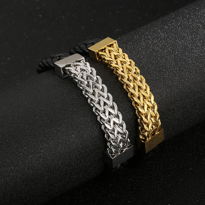 Doppelreihiges Leder-Armband mit Titanstahl-Kette – Magnetverschluss für Herren
