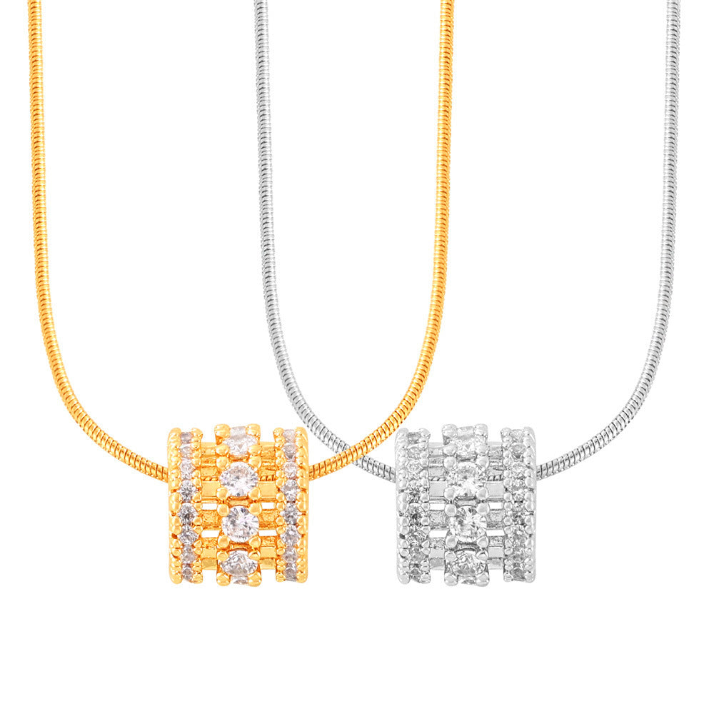Mehrschichtiger Zylinder-Anhänger mit Zirkonia-Steinbesatz | Edelstahlkette in 18K Gold oder Hochglanz-Silber