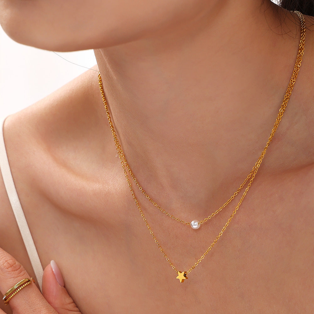 Sternen-Doppelkette mit Perlenimitat – 18K vergoldeter Edelstahl oder Silberoptik für stylisches Layering