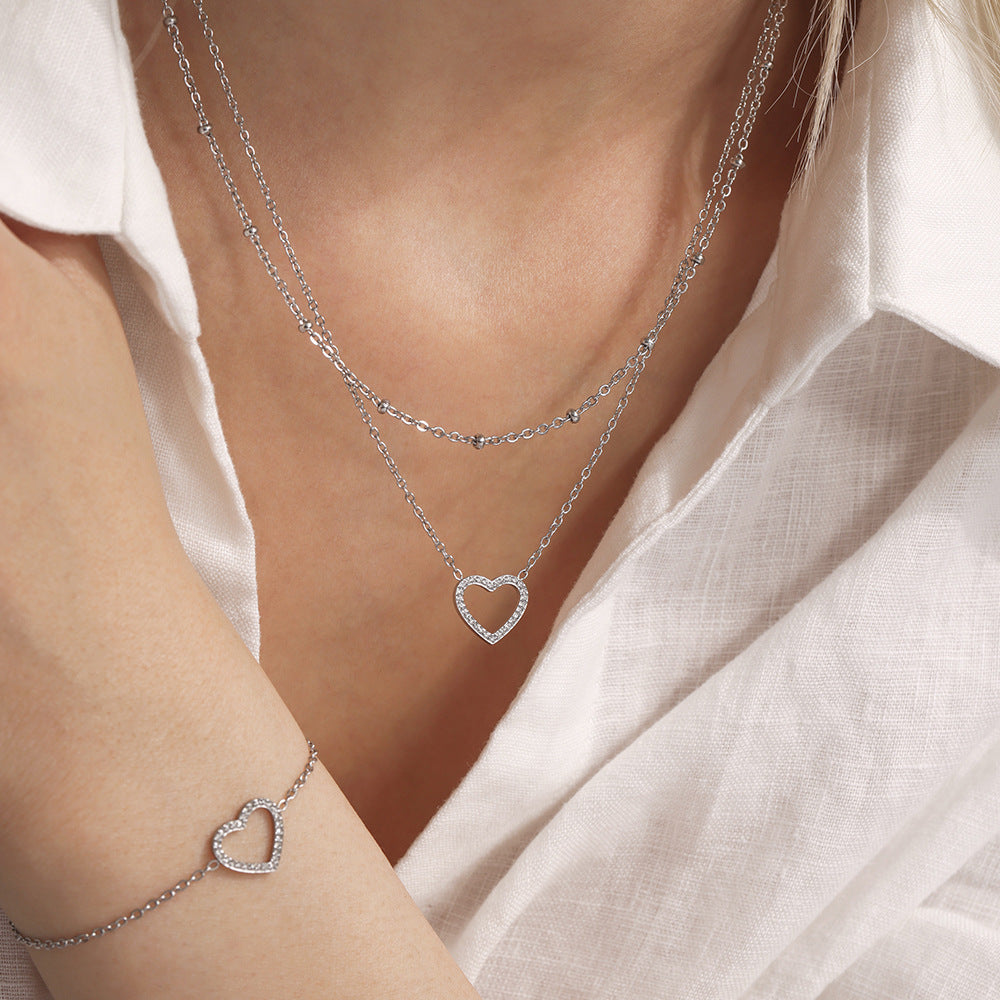 Doppelkette-Set: Herz-Anhänger mit Zirkonia & Kreuz-Kette mit Stahlperlen – 18K vergoldet oder silberner Edelstahl