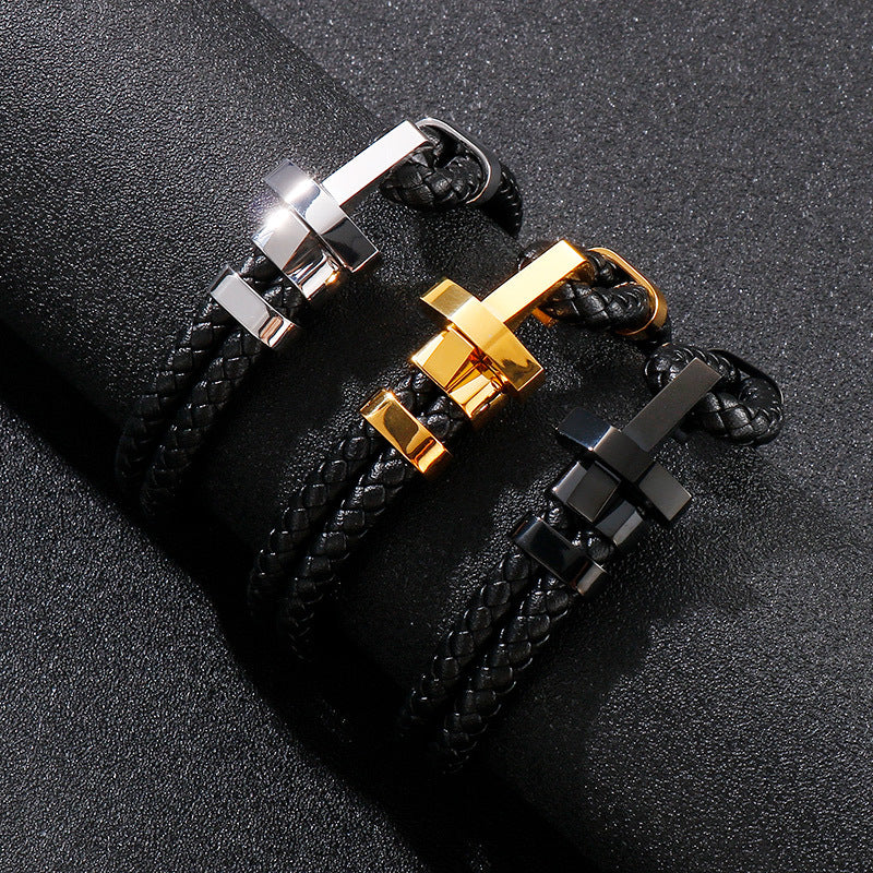 Edelstahl Armband für Herren – Stilvolles Ledergeflecht mit geometrischem Verschluss