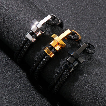 Edelstahl Armband für Herren – Stilvolles Ledergeflecht mit geometrischem Verschluss