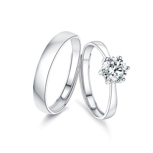 S925 Sterlingsilber Paarringe (6-Prong) - Rhodinierte Weißgold-Optik, verstellbar & mit Zirkonia