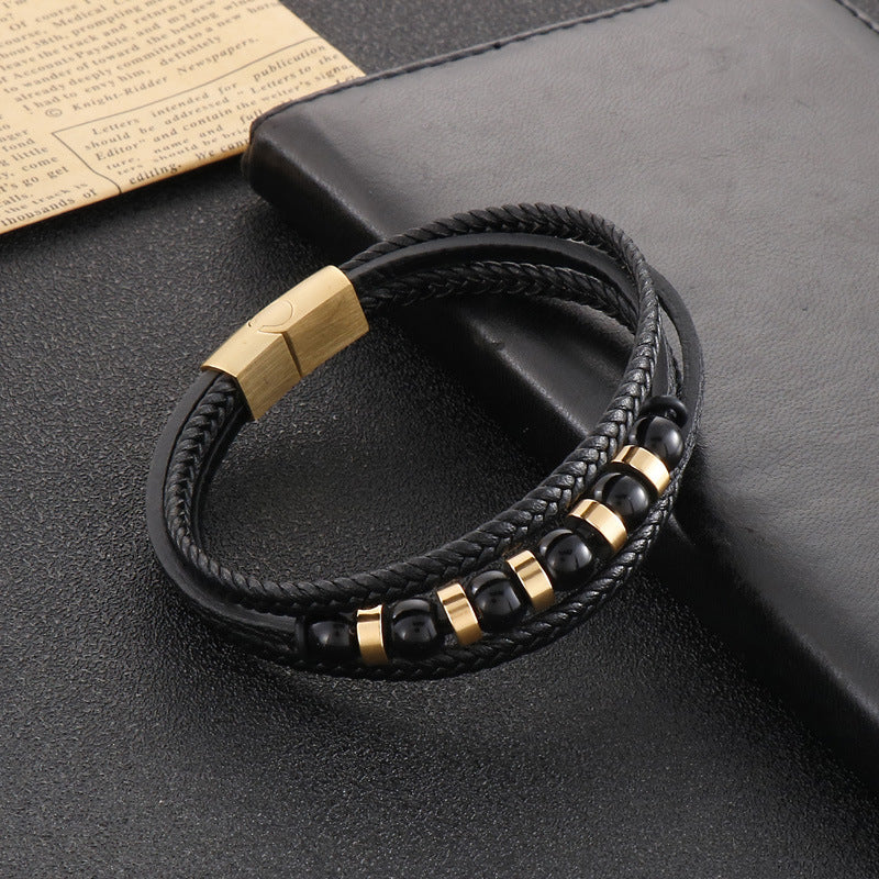 Mehrlagiges schwarzes Lederarmband mit Edelstahl-Akzenten – Handgeflochtener Unikatschmuck