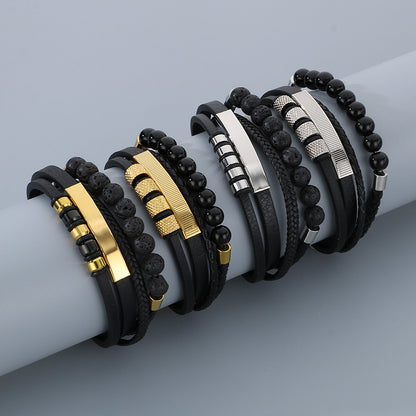 Vintage Lederarmband für Herren mit Vulkanstein & Magnetplatte – Mehrlagige Mikrofaser-Flechtung
