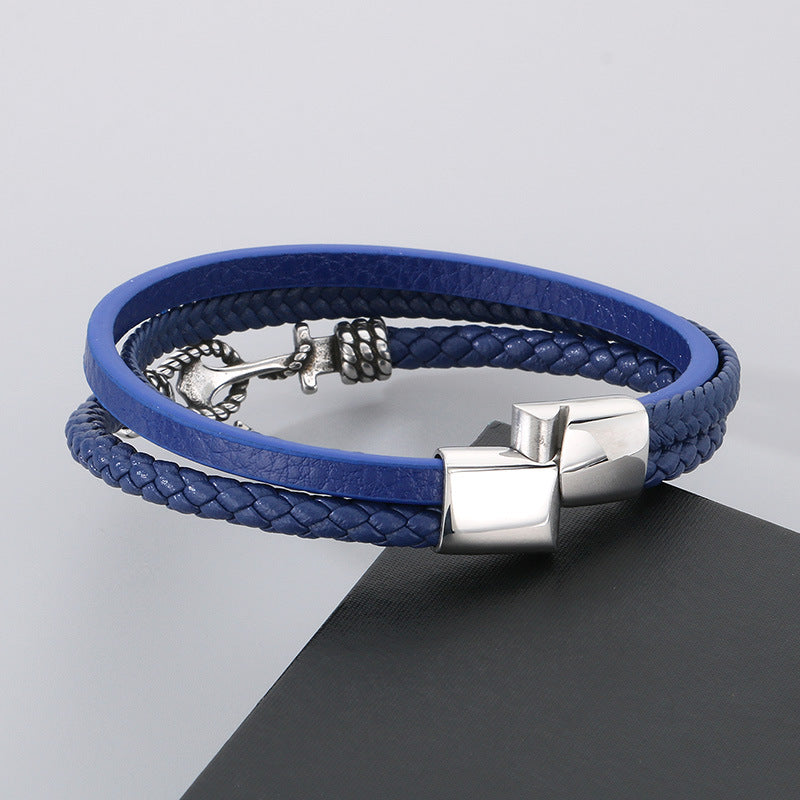 Maritimes Lederarmband mit Anker-Charm aus Edelstahl – Mehrlagig handgeflochten