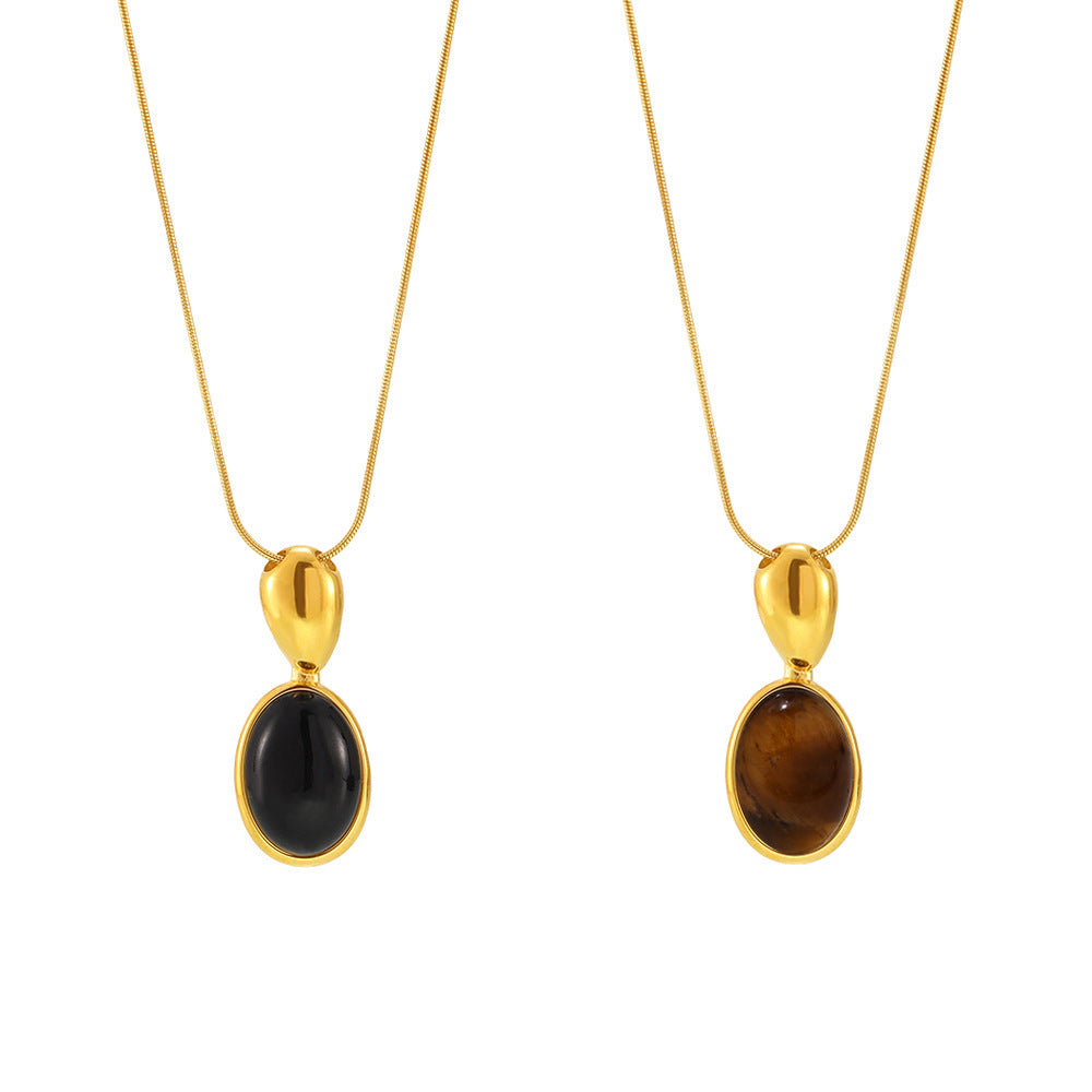 Lange Oval-Kette mit Tigerauge & schwarzem Onyx – 18K Echtgold-Vergoldung oder Edelstahl-Optik (wahlweise)