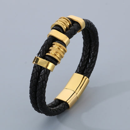 Mehrlagiges Ledergeflecht-Armband aus Edelstahl – Retro-Punk-Design mit Magnetverschluss