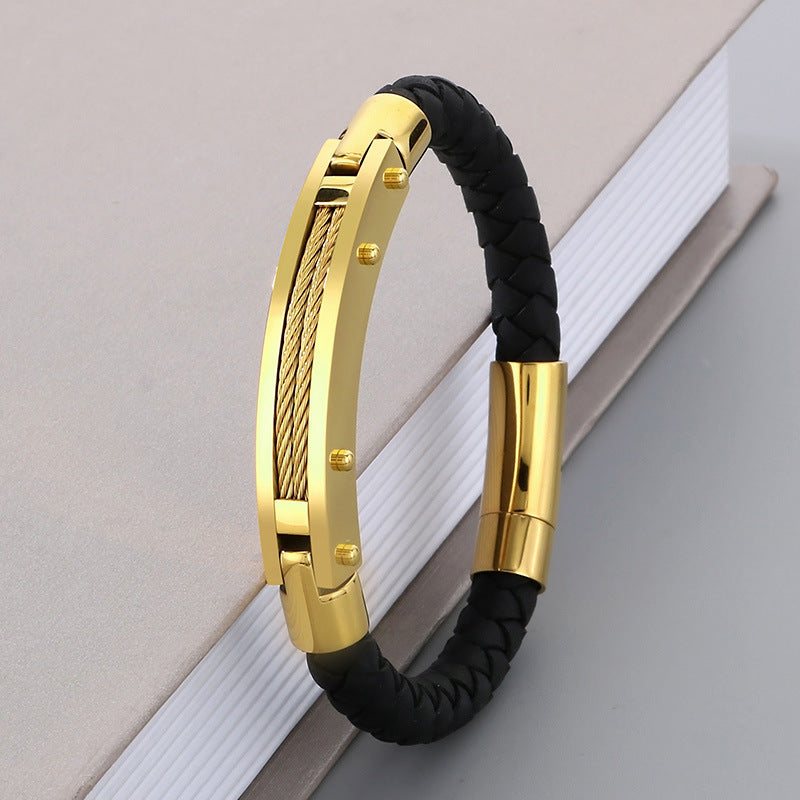 Modisches Herren-Armband aus Edelstahl & geflochtenem Leder - Mit Fiber- oder Stahldraht-Einlagen