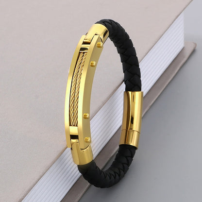 Modisches Herren-Armband aus Edelstahl & geflochtenem Leder - Mit Fiber- oder Stahldraht-Einlagen