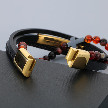 Vintage Lederarmband für Herren mit Titanstahl-Kreuz & Achatperlen – Mehrlagig geflochten