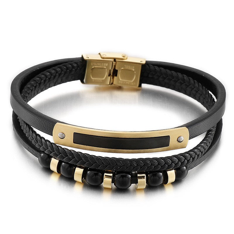 Mehrlagiges geflochtenes Lederarmband mit Edelstahl & geometrischen Perlen – Handgefertigter Unikatschmuck