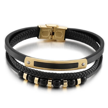 Mehrlagiges geflochtenes Lederarmband mit Edelstahl & geometrischen Perlen – Handgefertigter Unikatschmuck