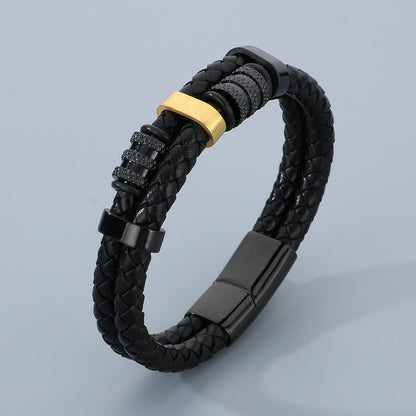 Mehrlagiges Ledergeflecht-Armband aus Edelstahl – Retro-Punk-Design mit Magnetverschluss
