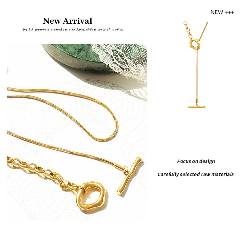 OT-Verschluss Halskette mit verstellbarer Länge | Titanstahl 18k Gold oder Stahlfarben | Trendiger Pulloverketten-Schmuck | Elegante Layering-Kette für Frauen